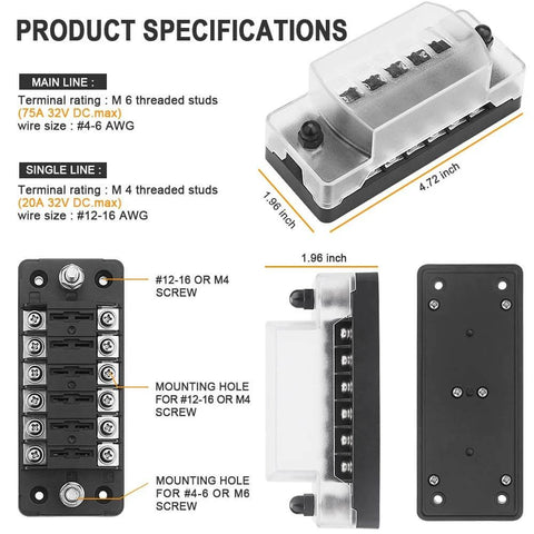 6 Way Blade Fuse Block With Negative Bus For 12V 24V Vehicles Waterproof Cover 6 Circuit Fuse Holder Negative Terminal Labels