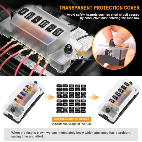 6 Way Blade Fuse Block With Negative Bus For 12V 24V Vehicles Waterproof Cover 6 Circuit Fuse Holder Negative Terminal Labels