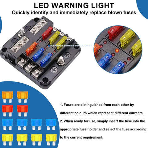 6 Way 12V Waterproof Fuse Box Holder With LED Indicator, 6 Circuit Blade Fuse Block For Automotive Truck Boat Marine RV Van Vehicle
