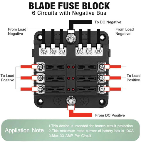 6 Way Marine Fuse Block Waterproof 12V And 24V Fuse Block with LED indicator showing six circuits with connections
