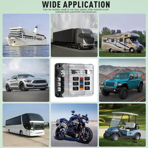 6 Way Marine Fuse Block Waterproof 12V And 24V with LED indicator shown alongside vehicles like RVs, trucks, and golf carts.