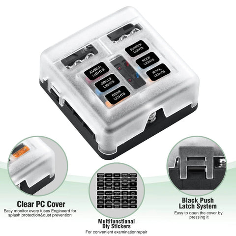 6 Way Marine Fuse Block Waterproof 12V And 24V Fuse Block With LED Indicator for Automotive systems, clear PC cover, latch system visible