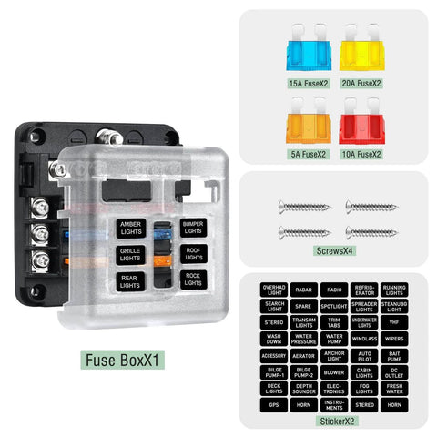 6 Way Marine Fuse Block Waterproof 12V And 24V Fuse Block With LED Indicator, including fuses, screws, and labels.