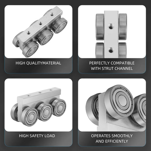 ✝️ 6 Wheel Trolley Assembly M5 Thread Rollers with Four Bearings for 1-5/8" Strut Channel, designed for smooth motion and stability