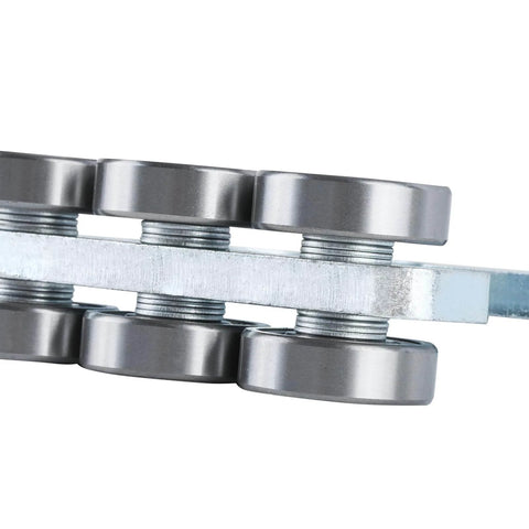 Close-up view of 6 wheel trolley assembly rollers with heavy duty bearing for 1-5/8 inch strut channel, galvanized steel construction.