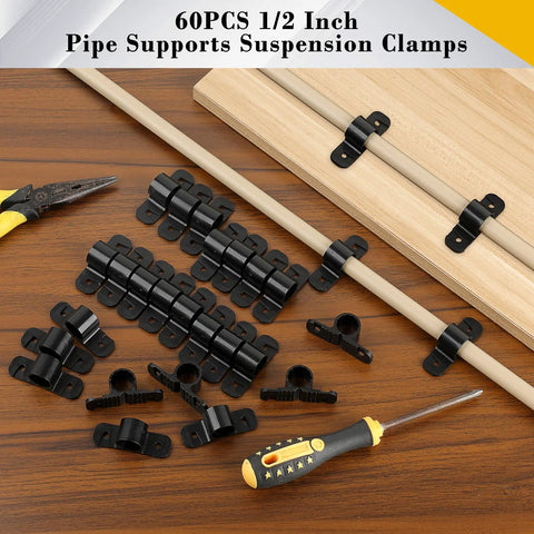 OwnMy 60pcs 1/2 in pipe supports clamps for PEX copper CPVC pipes; black plastic clamps on wood workbench.