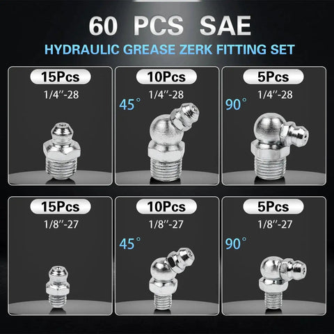 60 Piece Grease Fittings Kit With One Quarter Inch And One Eighth Inch BSP Threads Featuring Ninety Degree Forty Five Degree And Straight Angles