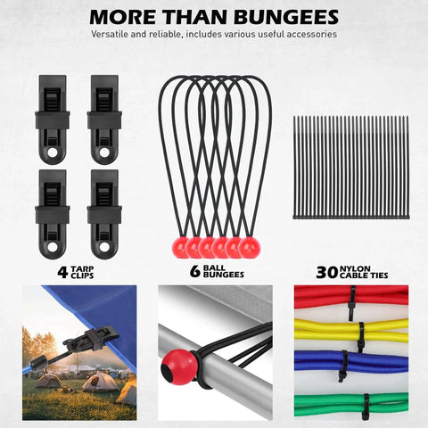 60 Piece Bungee Cords with Hooks Assorted Sizes 10 Inch 18 Inch 24 Inch 32 Inch 40 Inch Heavy Duty Outdoor Tie Downs with tarp clips, ball bungees, and cable ties.