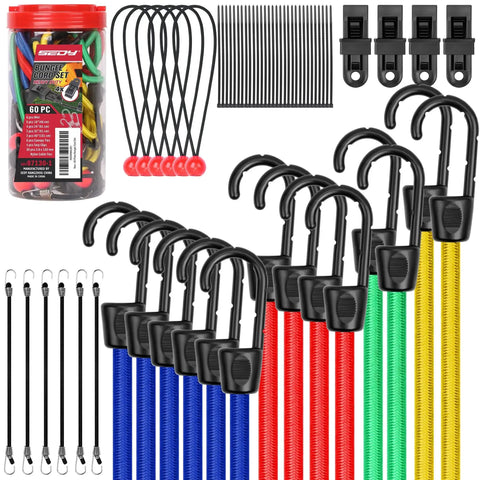 60 Piece Bungee Cords with Hooks Assorted Sizes 10 Inch 18 Inch 24 Inch 32 Inch 40 Inch Heavy Duty Outdoor Tie Downs, multicolored set