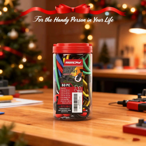 60 Piece Bungee Cords with Hooks Assorted Sizes jar on a table, holiday gift decor background