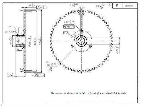 Technical drawing of Durable 60 Tooth Roller Chain Sprocket B Type For 1 Inch Bore With One Quarter Inch Keyway And Two Setscrews.