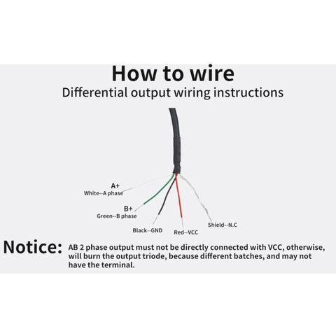 Wiring instructions for differential output of 600 PPR AB Two Phase Incremental Optical Rotary Encoder 5V to 24V Supply, 6mm Shaft