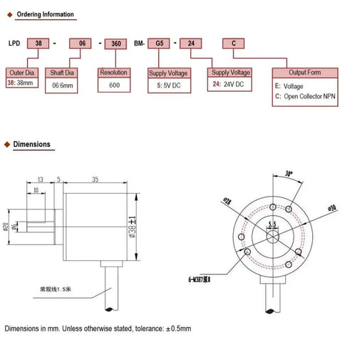 Dimensions and schematic of 600 PPR Rotary Encoder AB Two Phase Incremental Encoder 6mm Shaft Wide Voltage 5V To 24V for CNC and Robotics.