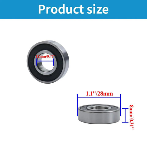 6001RS Ball Bearing Double Sealed Deep Groove Ball Bearings 28mm/1.1" Outer Dia - 10pcs shown with size dimensions