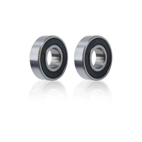 Two 6001RS ball bearings, double sealed, deep groove, 28mm outer diameter, front view, designed for high-speed applications