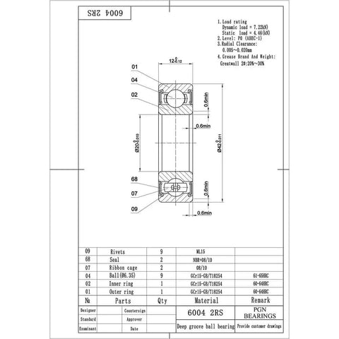 Technical diagram of (4 Pack) 6004-2RS Bearing - Lubricated Chrome Steel Sealed Ball Bearing - 20x42x12mm Bearings with Rubber Seal & High RPM Support