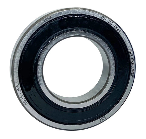 Single 6005-2RSH ball bearing with double rubber seals, showcasing 25x47x12mm dimensions and durable chrome steel race.