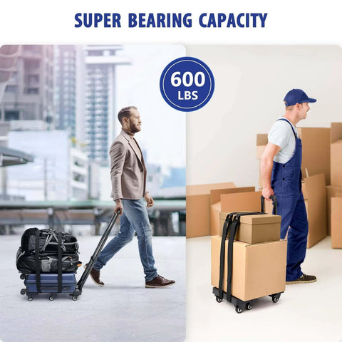 Two men using 600 LBS Folding Hand Truck with 6 Wheels, one carrying luggage and another moving boxes, showcasing super bearing capacity.