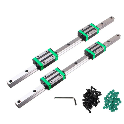 Two 600mm HGR20 linear rails paired with four HGH20CA square carriages, screws, and wrench, for CNC machines and automation.