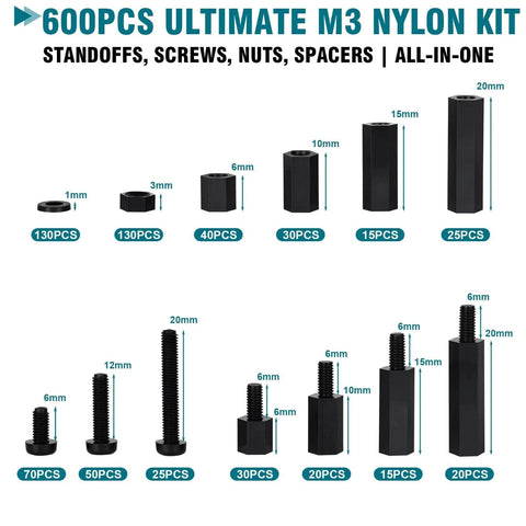 Nylon M3 Standoff And Fastener Kit With 600 Pieces Including Threaded Pillars Nuts Screws And Spacers In 6mm To 20mm