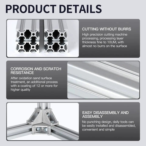 Four 600mm 2040 V-slot aluminum profiles with anodized finish, highlighting burr-free cutting, corrosion resistance, and easy assembly.