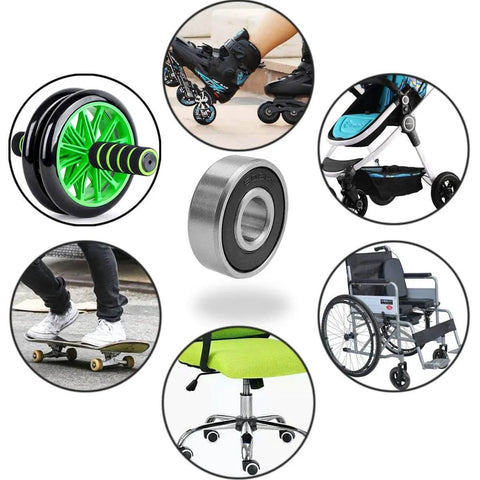 Various applications of 100 PCS 608-2RS Ball Bearing - Double Rubber Sealed Shielded, shown in wheels, chairs, and sports equipment