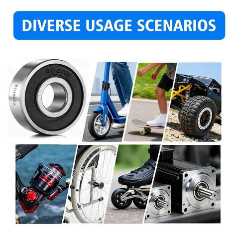 Collage showing various applications of 608 2RS Ball Bearings 8x22x7mm Deep Groove Rubber Sealed Set Of 10 Bearing Steel.