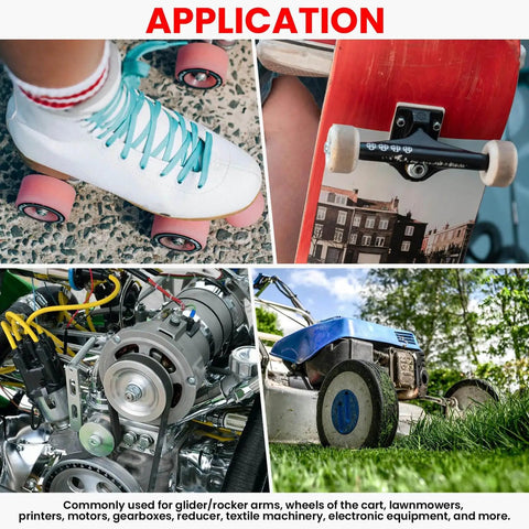 Various applications for pack of 12 608-2RS sealed ball bearings 8x22x7mm in steel, including skateboards, skates, motors, and lawnmowers.