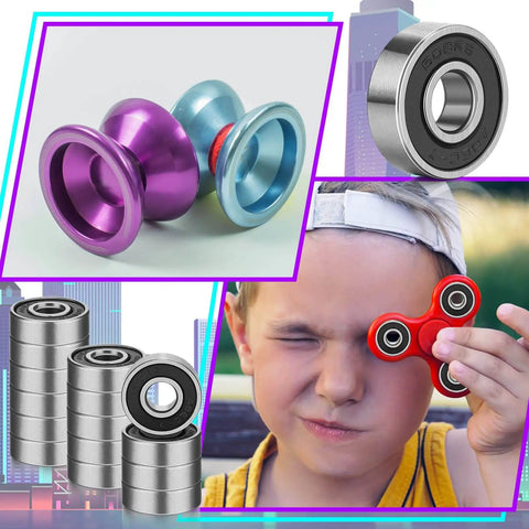 Collage of 30-Pack 608RS Sealed Ball Bearings, spinners, and colorful yoyo with ball bearing for skateboards, scooters, and rollerblades.