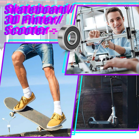 Collage featuring 30-Pack 608RS Sealed Ball Bearings for Skateboards, Inline Skates, Scooters, and Rollerblades in various uses