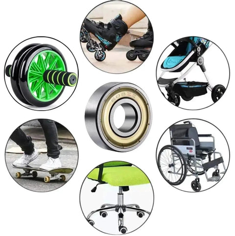Collage showing 100 Pack 608 ZZ Deep Groove Ball Bearings With Double Metal Shields in various applications like skateboards and roller skates.