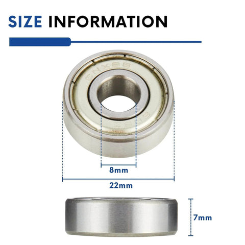 Size dimensions of 10pcs 608ZZ Ball Bearing, Double Metal Sealed Deep Groove Bearings 8x22x7mm, 608-ZZ in chromium steel