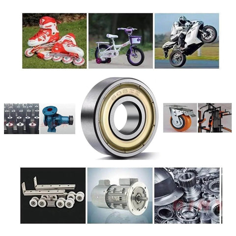 Collage showcasing 608 ZZ Ball Bearings(10PCS), featuring applications in skates, bikes, and industrial machines, with a central product image.