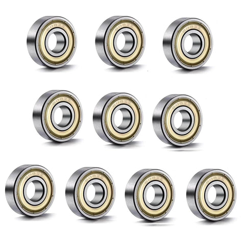 608 ZZ Ball Bearings(10PCS) displayed, metal double shielded, ideal for skateboards, 8mm x 22mm x 7mm, carbon steel construction.