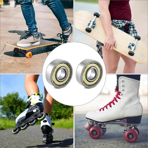 20Pcs 608zz Bearing Set Deep Groove Ball Bearings for Skateboards Rollers and 3D Printers shown with skateboard and roller skates