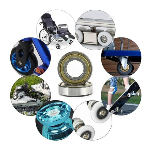 20Pcs 608zz Bearing Set Deep Groove Ball Bearings Made Of Bearing Steel For Skateboards, rollers, and 3D printers, collage view.