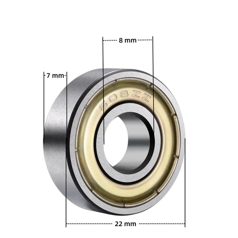 Close-up of a 608 ZZ deep groove ball bearing with double metal shields, 8mm x 22mm x 7mm dimensions, labeled measurements