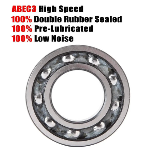 Close-up view of a 100 Pack 608 ZZ Deep Groove Ball Bearing with Double Metal Shields, featuring ABEC3 high-speed and double rubber seals.