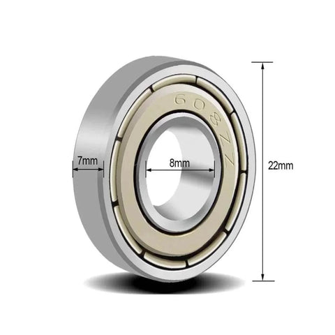 Close-up of a single 608ZZ bearing from 20Pcs 608zz Bearing Set Deep Groove Ball Bearings Made Of Bearing Steel For Skateboards Rollers And 3D Printers, showing dimensions of 8x22x7 mm