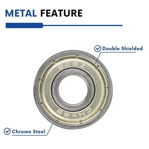 Close-up of a 10pcs 608ZZ Ball Bearing showing double metal seals and chrome steel material, 8x22x7mm size for high speed and low noise.