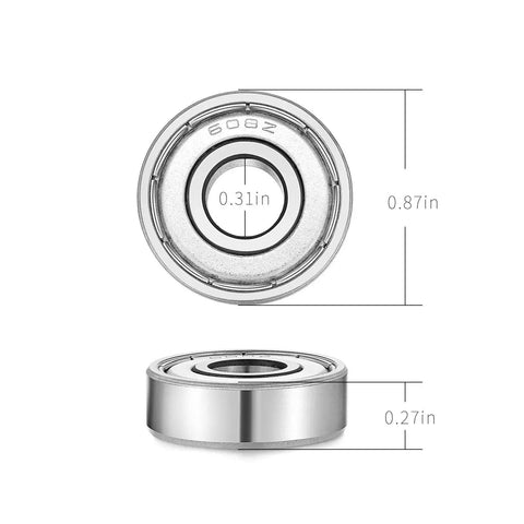Shielded Sealed 608ZZ Miniature Skateboard Bearings 8x22x7mm 10 Pack, front and side view with dimensions.
