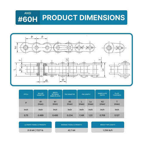 Technical drawing of #60 Heavy Duty Roller Chain - 10 Feet + 2 Free Connecting Links - #60H - 159 Links