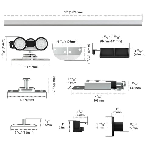 60 Inch Bifold Door Hardware Kit for Four Doors Aluminum Top Mounted Sliding Barn Door Hardware components and measurements