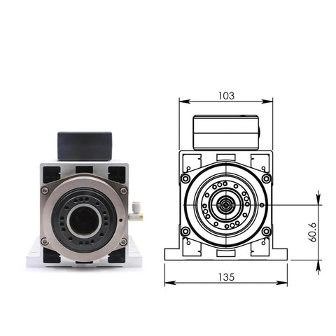 Front view of 6.0KW ATC Air Cooled Spindle ISO30 With Automatic Tool Change for CNC Milling, diagram and dimensions displayed.