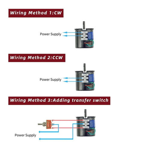 Wiring diagram for 60KTYZ 110V 60-72RPM Permanent Magnet Synchronous Gear Motor with Fixed Bracket and Power Cord.