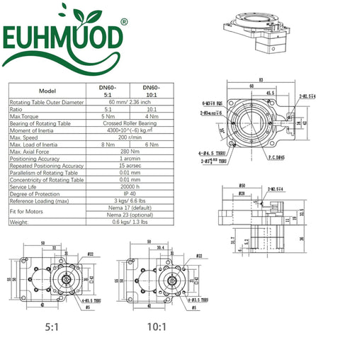Technical diagram and specifications for 60mm Hollow Rotary Actuator High Accuracy Rotating Platform Gear Ratio 5:1