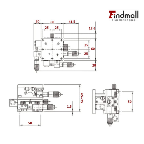 Technical diagram of the ✝️ 60 X 60mm XYZ Linear Stage 3 Axis Manual Linear Stage XYZ Sliding Platform Trimming Bearing Tuning Platform Sliding Table.