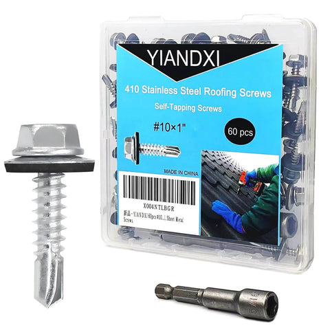 60pcs #10 x 1 Metal Roofing Screws with EPDM Rubber Washers, 410 Stainless Steel Hex Head Self Tapping Screws box