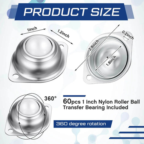 Infographic showing 60 Pcs 1 Inch Nylon Roller Ball Transfer Bearings with 360-degree rotation dimensions for conveyor systems.