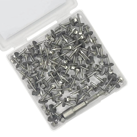 60pcs #10 x 1 Metal Roofing Screws with EPDM Rubber Washers, 410 Stainless Steel Hex Head Self Tapping Screws in a plastic case